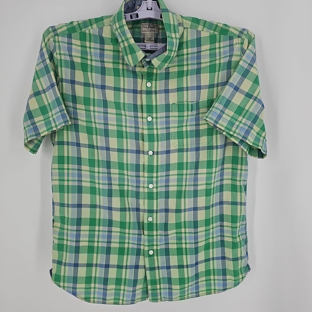 L. L. Bean Men's Short Sleeve Green‎ Yellow Blue Check 100% Cotton Size L